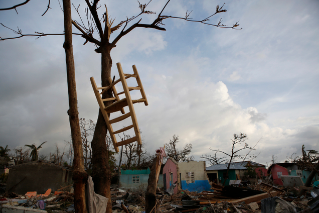 A chair hands in a tree amidst homes destroyed by Hurricane Matthew in Port Salut, Haiti. Image: Rebecca Blackwell/AP
